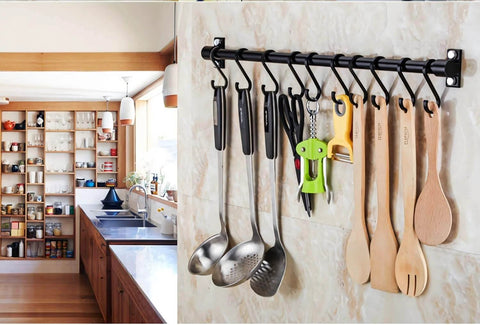 Gourmet Kitchen Utensil Rack with 6 Hooks, Wall Mounted Rail Wrought Iron Hanging Utensil Holder Rack with Removable S Hooks 16 Inch in use