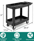 Heavy Duty Plastic Utility Cart On Wheels With 550 Lb Capacity 2 Shelf Rolling Service Cart For Warehouse Garage School And Office Cleaning YITAHOME Black shown from side view with dimensions.
