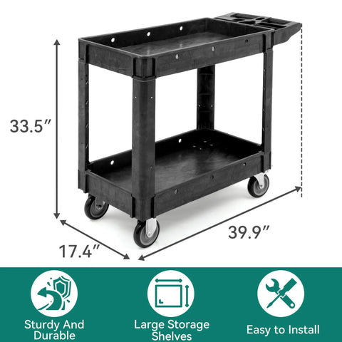 Heavy Duty Plastic Utility Cart On Wheels With 550 Lb Capacity 2 Shelf Rolling Service Cart For Warehouse Garage School And Office Cleaning YITAHOME Black shown from side view with dimensions.