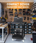 Heavy Duty 2 Shelf Utility Cart Built Tough With 28 By 19 Inches Industrial Plastic Build 330 Pounds Capacity Locking Swivel Wheels Multipurpose Service Rolling Cart For Home Office And Industrial Use in workshop setting