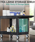 Heavy Duty Plastic Utility Cart With Wheels 550 Pound Capacity 45 By 25 Inch Rolling Cart With Two Shelves For Warehouse Garage School And Office Black