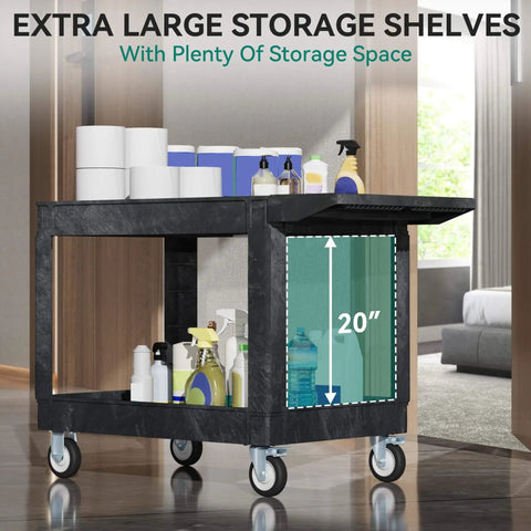 Heavy Duty Plastic Utility Cart With Wheels 550 Pound Capacity 45 By 25 Inch Rolling Cart With Two Shelves For Warehouse Garage School And Office Black