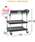 Heavy Duty 3 Shelf Utility Cart With Five Level Adjustable Top Shelf For Perfect Height Alignment On Home Commercial And Industrial Use 400 Lb Capacity 23.9 In Wide 34.4 In Long 35.5 To 39.5 In High Black Metro MyCart Plus