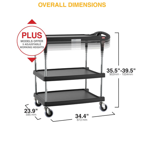 Heavy Duty 3 Shelf Utility Cart With Five Level Adjustable Top Shelf For Perfect Height Alignment On Home Commercial And Industrial Use 400 Lb Capacity 23.9 In Wide 34.4 In Long 35.5 To 39.5 In High Black Metro MyCart Plus