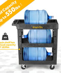 Heavy Duty 3 Shelf Utility Cart With 550 Lb Capacity, 34 By 17 By 38.5 Inch Rolling Work Cart, holding water jugs
