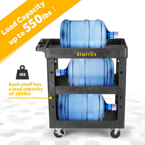 Heavy Duty 3 Shelf Utility Cart With 550 Lb Capacity, 34 By 17 By 38.5 Inch Rolling Work Cart, holding water jugs
