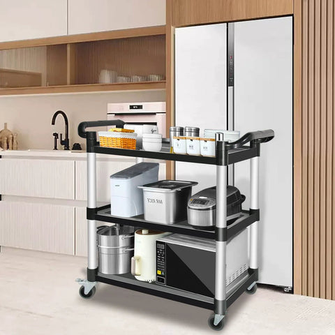 Heavy Duty 3 Tier Utility Cart With Wheels For Restaurant And Warehouse, 420 Lb Capacity, Lockable Wheels, Rubber Hammer Included, Durable Aluminum And Polypropylene Build, Mobile Food Service Cart For Kitchen Black in use