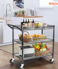 Heavy Duty Utility Cart With 990 Lbs Capacity, 3 Tier Rolling Kitchen Cart On Wheels, Commercial Grade Metal Serving Cart With Wire Shelves And Handle Bar, Black Finish BolDuck in kitchen setting.