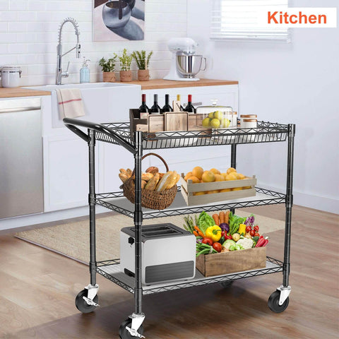 Heavy Duty Utility Cart With 990 Lbs Capacity, 3 Tier Rolling Kitchen Cart On Wheels, Commercial Grade Metal Serving Cart With Wire Shelves And Handle Bar, Black Finish BolDuck in kitchen setting.