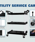 Heavy Duty Plastic Utility Cart With Locking Wheels And 550 Pound Capacity, Big Boss Restaurant Service Cart For Foodservice, Office And Warehouse, Black, 40.15 By 19.29 By 38.97 Inches Abacad, shown with non-slip handlebars and lockable wheels.