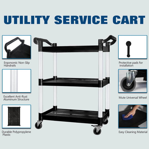 Heavy Duty Plastic Utility Cart With Locking Wheels And 550 Pound Capacity, Big Boss Restaurant Service Cart For Foodservice, Office And Warehouse, Black, 40.15 By 19.29 By 38.97 Inches Abacad, shown with non-slip handlebars and lockable wheels.