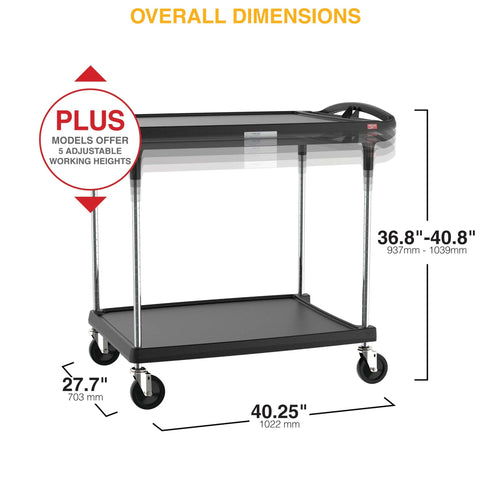 Adjustable Height Heavy Duty Utility Cart Built Tough With 2 Shelves 400 Lb Capacity Rolling Cart For Home Commercial And Industrial Use Top Shelf Adjustable In 5 Heights Black 27.7 W x 40.25 L x 36.8 to 40.8 H