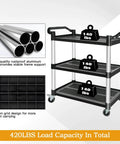 Heavy Duty 3 Tier Utility Cart With Wheels For Restaurant And Warehouse, 420 Lb Capacity, Lockable Wheels, Rubber Hammer Included