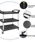 Image of a Heavy Duty 3 Tier Utility Cart With Wheels For Restaurant And Warehouse, 420 Lb Capacity, Lockable Wheels, Rubber Hammer Included, Durable Aluminum And Polypropylene Build, Mobile Food Service Cart For Kitchen Black.