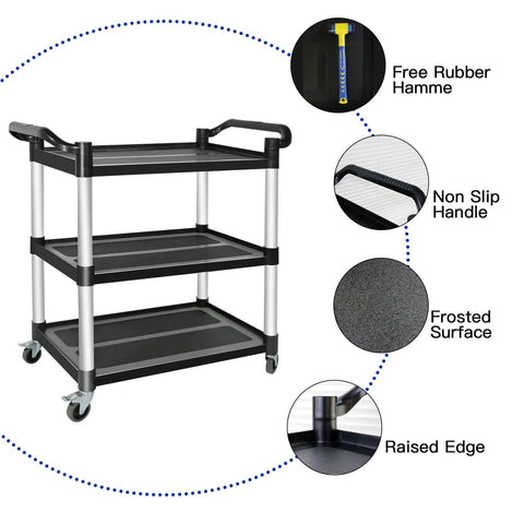 Image of a Heavy Duty 3 Tier Utility Cart With Wheels For Restaurant And Warehouse, 420 Lb Capacity, Lockable Wheels, Rubber Hammer Included, Durable Aluminum And Polypropylene Build, Mobile Food Service Cart For Kitchen Black.