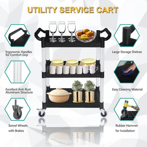 Heavy Duty Plastic Utility Cart With Wheels 510 Lb Capacity Three Tier Rolling Service Cart with drinks and containers, black