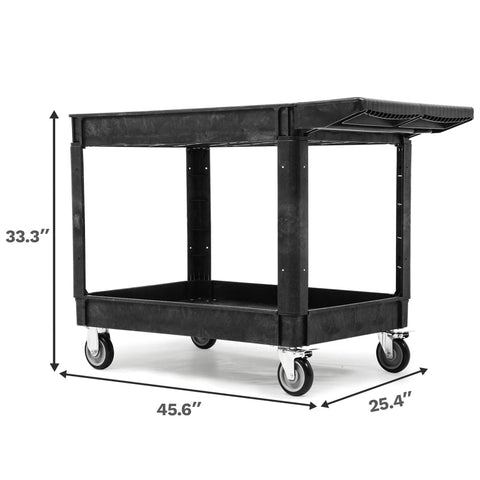 Heavy Duty 2 Shelf Plastic Utility Service Cart On Wheels With 550 Lb Capacity And 45 X 25 Inch Size Rugged Rolling Work Cart