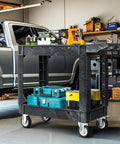 Heavy Duty Plastic Utility Cart On Wheels With 1000 Lb Capacity And 2 Shelves DWVO Rolling Service Cart in garage setting