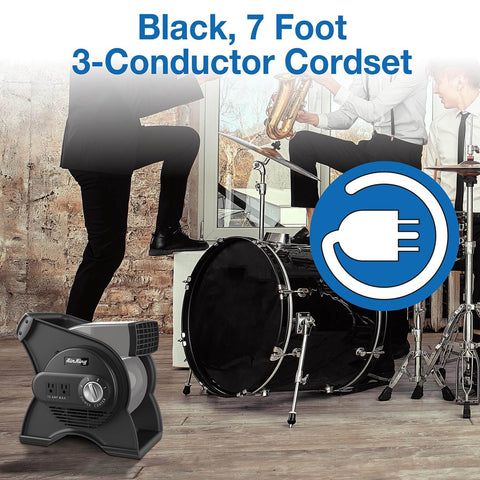 Pivoting Utility Fan For Home Job Site And Workshop By Air King with band instruments and drum set