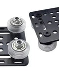 Black 2020 Aluminum Extrusion V-Slot Gantry Plate Set w White Wheels, showcasing black anodized plates and white V wheels