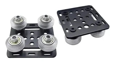 Black 2020 Aluminum Extrusion V-Slot Gantry Plate Set w White Wheels, showcasing black anodized plates and white V wheels