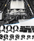 80 Pieces Vacuum Hose Clamps Assortment Kit for 6mm to 18mm Silicone Tubing, shown in packaging and examples on engine