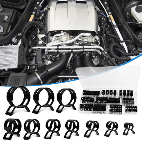 80 Pieces Vacuum Hose Clamps Assortment Kit for 6mm to 18mm Silicone Tubing, shown in packaging and examples on engine