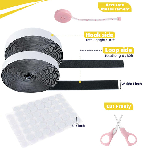 Image showing two rolls of Heavy Duty Velcro Strips With Adhesive 30 Feet By 1 Inch Hook And Loop Tape, black, with accessories.