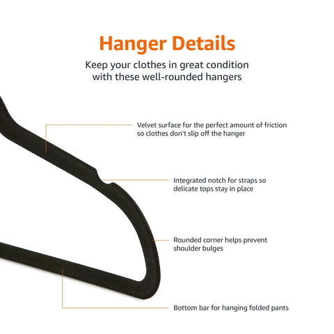 Maximize closet space with a 50-pack of slim velvet non-slip hangers showing velvet surface, notched straps, and rounded corners