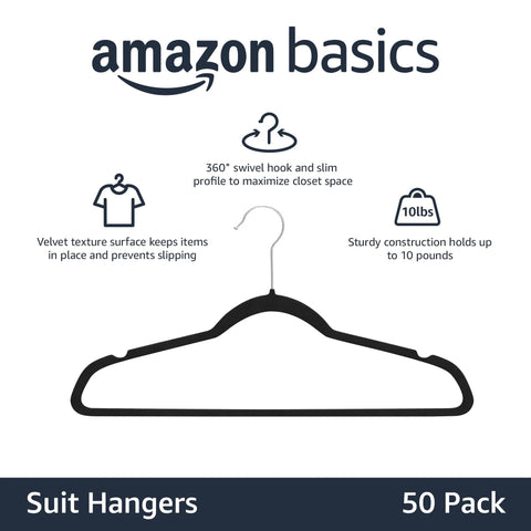 Maximize closet space with a 50-pack of slim velvet non-slip hangers, black with silver hooks, supporting up to 10 lb each, front view.