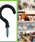 Vinyl Coated Cup Hook Kit With Screws And Plugs, 46 Pcs, Six Sizes From Half Inch To One And A Quarter Inch displayed with usage examples