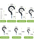 Vinyl Coated Cup Hook Kit With Screws And Plugs, 46 Pcs, Six Sizes From Half Inch To One And A Quarter Inch, Black Screw-In Cup Hooks