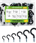 Vinyl Coated Cup Hook Kit With Screws And Plugs, 46 Pcs, Six Sizes From Half Inch To One And A Quarter Inch, Black Screw-In Cup Hooks