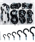Vinyl Coated Cup Hook Kit With Screws And Plugs, 46 Pcs, Six Sizes From Half Inch To One And A Quarter Inch, Black Screw-In Cup Hooks