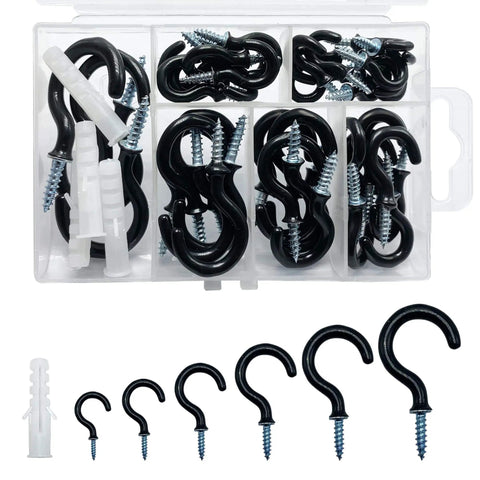 Vinyl Coated Cup Hook Kit With Screws And Plugs, 46 Pcs, Six Sizes From Half Inch To One And A Quarter Inch, Black Screw-In Cup Hooks