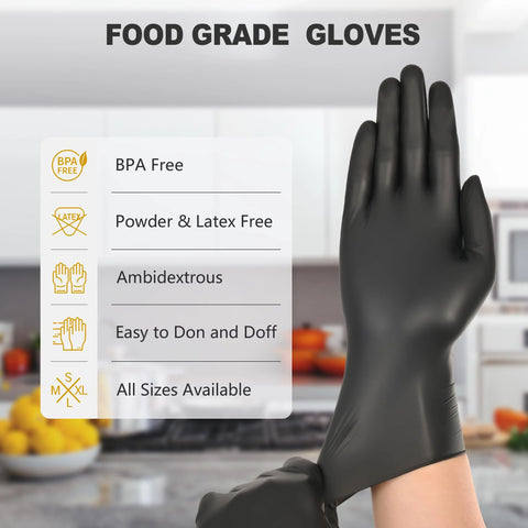 Black Vinyl Disposable Gloves Latex Free Powder Free Food Grade 100 Large showing hand wearing glove in kitchen setting
