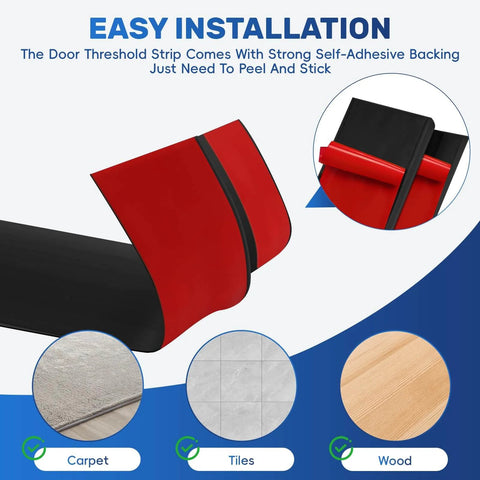 Vinyl Floor Transition Strip Door Threshold Self Adhesive 36 inch, black strip showing easy installation for doorways on various surfaces