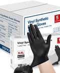 Person wearing Black Vinyl Disposable Exam Gloves 4 Mil Latex Free Powder Free Medical 1000 with packaging visible