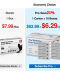 Boxes of Vinyl Synthetic Exam Gloves shown with pricing options for starter and pro subscription plans.