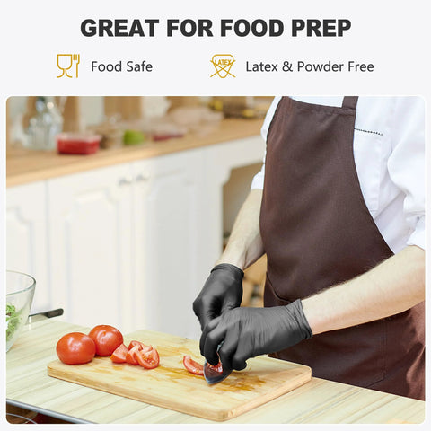 Person wearing Black Vinyl Disposable Gloves Medium Size Latex Free And Powder Free Food Grade Gloves For Cleaning Cooking And Food Preparation