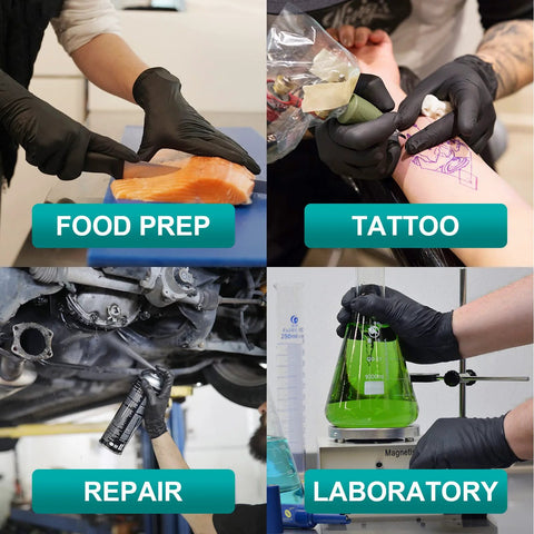 Black Vinyl Disposable Exam Gloves 4 Mil Latex Free Powder Free Medical 1000 in use for food prep, tattooing, repair, and lab work.