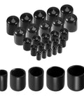 Versatile Round Rubber End Caps Kit With 25 Pieces For One Quarter Inch Three Eighths Inch One Half Inch Five Eighths Inch Three Quarters Inch Inner Diameters In Black Vinyl Screw Thread Protectors Assortment By Uxcell displayed on a white background.