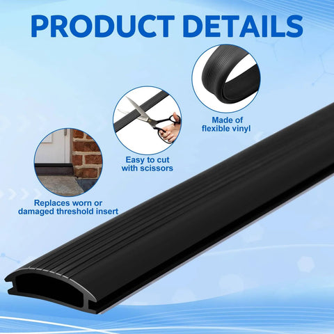 2 Pcs 36 Inch Vinyl Replacement Insert for Adjustable Height Aluminum Thresholds with Seals, detail view showing black vinyl material.