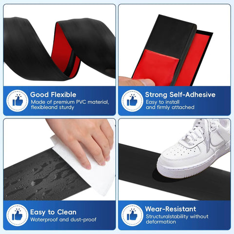Vinyl Floor Transition Strip Door Threshold Self Adhesive 36 inch, showing flexibility, adhesion, waterproof, and wear resistance features.
