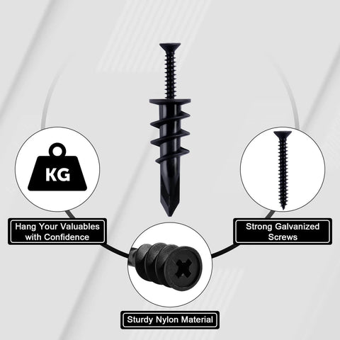 140pcs Black Self Drilling Drywall Anchors Kit with #8 Flat Head Screws, heavy duty anchors and screws diagram