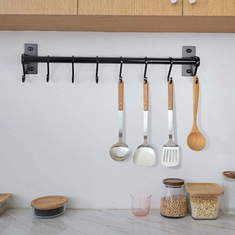 Kitchen Utensil Holder Hanger, Pot and Pan Rack Wall Mounted with 8 hooks for cooking utensils, black, installed with utensils hung