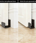 Bottom Floor Guide For Sliding Barn Doors Adjustable U Shaped Wall Mounted Bottom Guide Safe Flat Base Design To Prevent Scratches Easy Installation For Grooved And Non Grooved Doors Suitable For Wardrobe Doors And Cabinets Black shown installed on doors