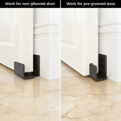Bottom Floor Guide For Sliding Barn Doors Adjustable U Shaped Wall Mounted Bottom Guide Safe Flat Base Design To Prevent Scratches Easy Installation For Grooved And Non Grooved Doors Suitable For Wardrobe Doors And Cabinets Black shown installed on doors