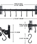 Kitchen Utensil Holder Hanger, Pot and Pan Rack Wall Mounted, Kitchen Rail with 8 Hooks, black, wall-mounted, dimensions shown.