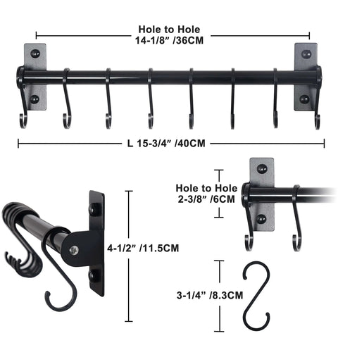Kitchen Utensil Holder Hanger, Pot and Pan Rack Wall Mounted, Kitchen Rail with 8 Hooks, black, wall-mounted, dimensions shown.